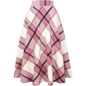 Womens Pink Elastic Waist A-Line Pleated Tartan Long Plaid Wool Skirt